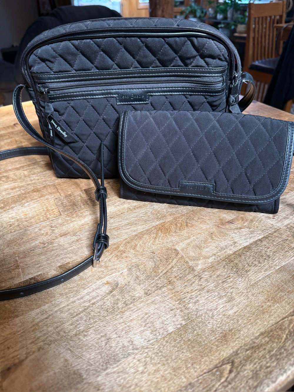 Vera Bradley Black Quilted Crossbody Bag with Matching Wallet